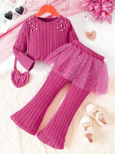 Young Girl Fashion Elegant Beaded Long Sleeve Top & Heart-Shaped Bag Decor Flared Pants Set, Spring/Autumn